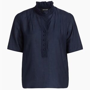 Zadig & Voltaire Navy Blue Silk Satin Ruffle Collar Button Blouse